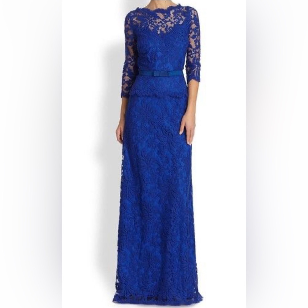 Tadashi Shoji Royal Blue Lace Maxi Gown with Sheer Sleeves
